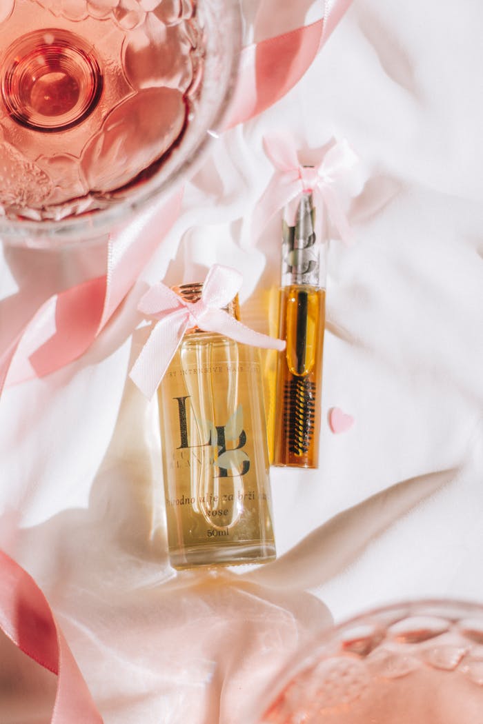 Luxurious perfume bottles adorned with pink ribbons, exuding elegance and style.